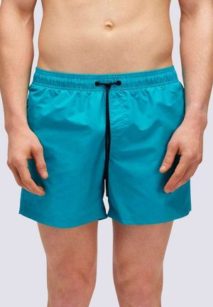 Pantaloni da bagno blu con elastico in vita e cordoncino, tessuto leggero e taglio classico sopra il ginocchio.