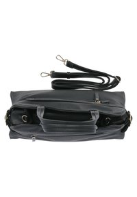 Borsa a mano in pelle nera con finitura testurizzata, dotata di due manici, una tracolla removibile e un compartimento con zip.