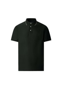 Černé polo tričko s krátkým rukávem, třemi bílými knoflíky a kontrastním bílým lemem na límci, hladkým předním dílem a skládacím límcem.