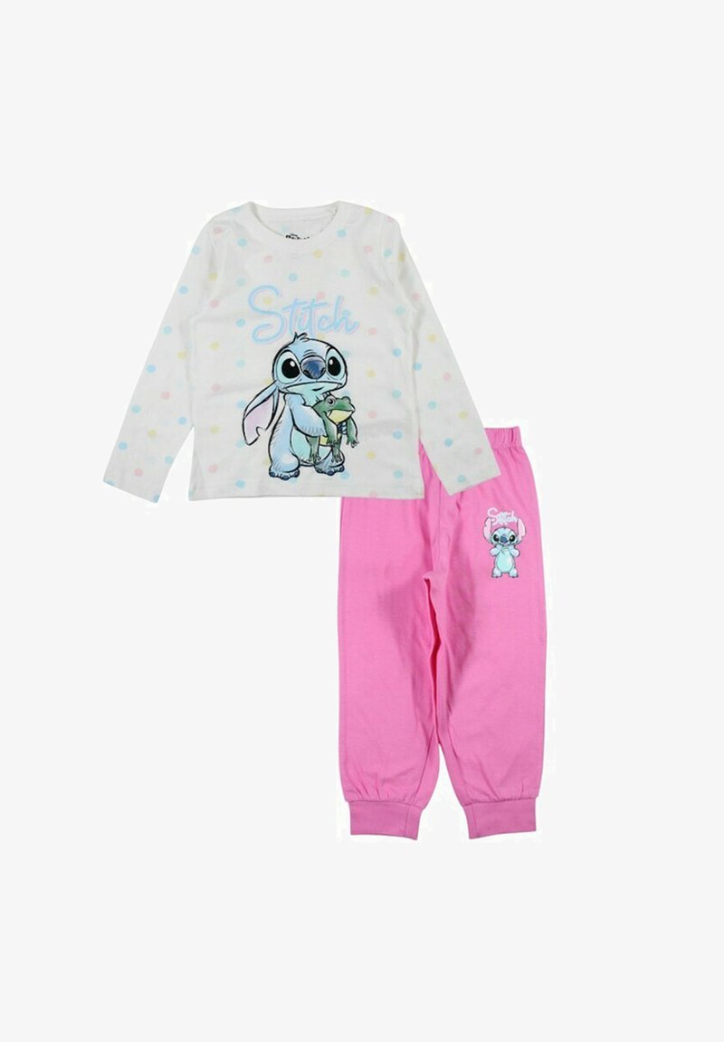 Ensemble pyjama manches longues composé d'un haut blanc orné de pois colorés et d'un motif Stitch bleu, associé à un pantalon rose avec des poignets, en coton doux.