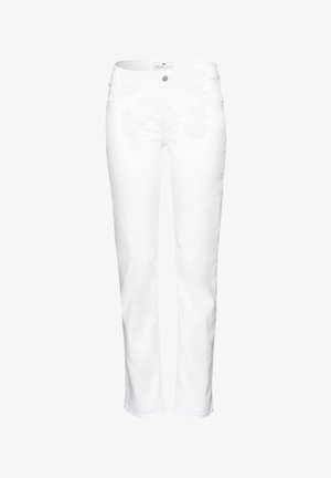 Witte denim jeans met een recht model, voorzakken en een enkele knoopsluiting bij de taille. Gladde textuur en nette naden.
