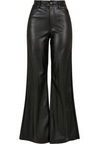 Čierne kožené nohavice so širokými nohavicami a hladkým povrchom, s vysokým pásom, zapínaním na gombík a prednými vreckami. Dizajn so širokými nohavicami a lešteným povrchom.