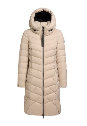 Beige Daunenjacke mit Kapuze, ausgestattet mit einem Reißverschluss vorne, Chevron-Steppung und einem strukturierten Kragen. Akzentuiert mit einem Markenetikett.
