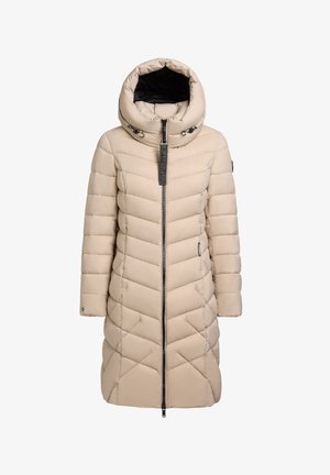 Beige donsjas met een capuchon, voorzien van een ritssluiting aan de voorkant, chevron-quilting en een gestructureerde kraag. Aangevuld met een merklabel.