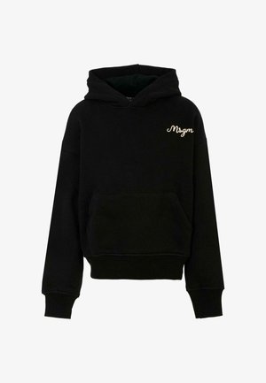 Sweatshirt noir avec capuche, poche avant et poignets côtelés. Logo brodé sur la poitrine dans une couleur contrastante. Texture douce.