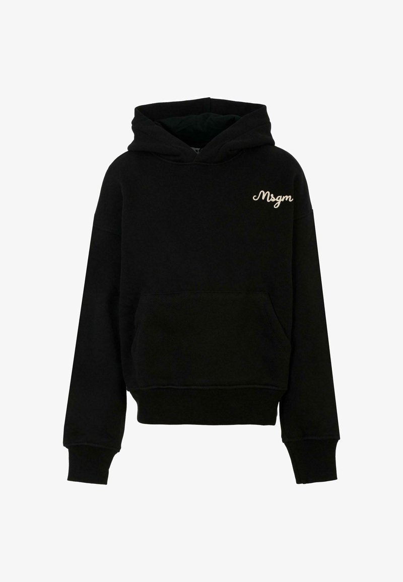 Czarna bluza z kapturem, z kieszenią z przodu i ściągaczami. Haftowane logo na klatce piersiowej w kontrastowym kolorze. Miękka tekstura.