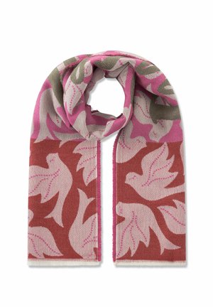 Écharpe douce en tissu tissé aux tons rose, rouge et olive, avec un motif d'oiseaux et de feuilles, pliée en boucle.