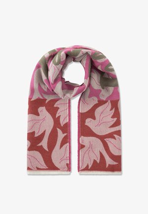 Écharpe douce en tissu tissé aux tons rose, rouge et olive, avec un motif d'oiseaux et de feuilles, pliée en boucle.