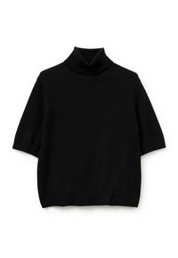 Černý krátký rukáv turtleneck svetr, vyrobený z měkkého pleteného materiálu, s žebrovanými detaily na výstřihu a lemu, s volným střihem.