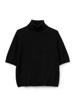 Schwarzer Kurzarm-Turtleneck-Pullover aus weichem Strickmaterial, mit gerippten Akzenten am Halsausschnitt und Saum, in lockerer Passform.
