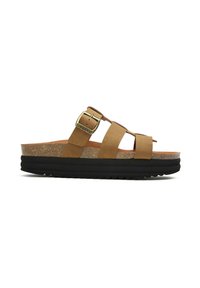 Brown vegan leather sandals with adjustable buckle, cork midsole, textured black rubber outsole, and multiple straps for support.