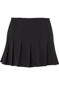 Černá skládací sukně s těsným pasem, vyrobená z hladkého, elastického materiálu. Sklady přispívají k jejímu rozšířenému designu a tvaru.
