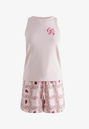 Lyserød ærmeløs top med rødt "Cafe House"-tryk og jordbærgrafik, kombineret med lyserøde mønstrede shorts med jordbær og grønne detaljer.