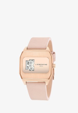 Orologio rettangolare con cassa in metallo color oro rosa, cinturino in pelle beige e quadrante bianco con numeri neri e logo del marchio.