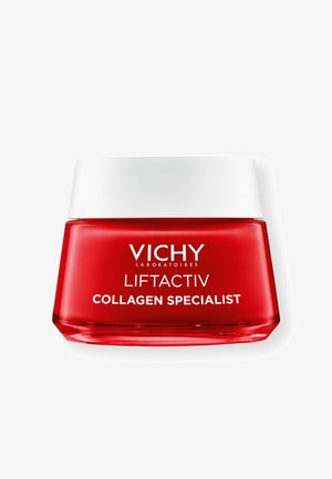 Red glass jar with a white lid, labeled "Vichy Liftactiv Collagen Specialist" in bold white text. Smooth surface and angular shape.