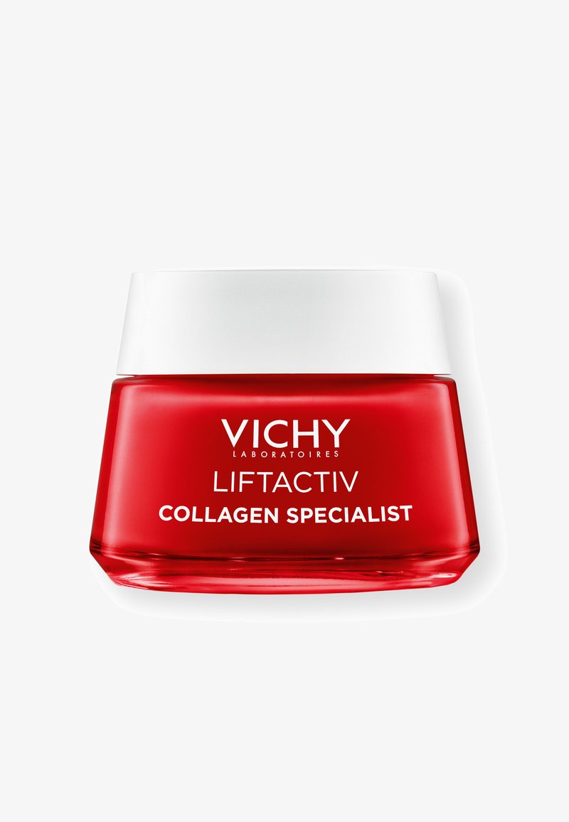 Roter Glasbehälter mit einem weißen Deckel, beschriftet mit "Vichy Liftactiv Collagen Specialist" in fettem weißen Text. Glatte Oberfläche und kantige Form.