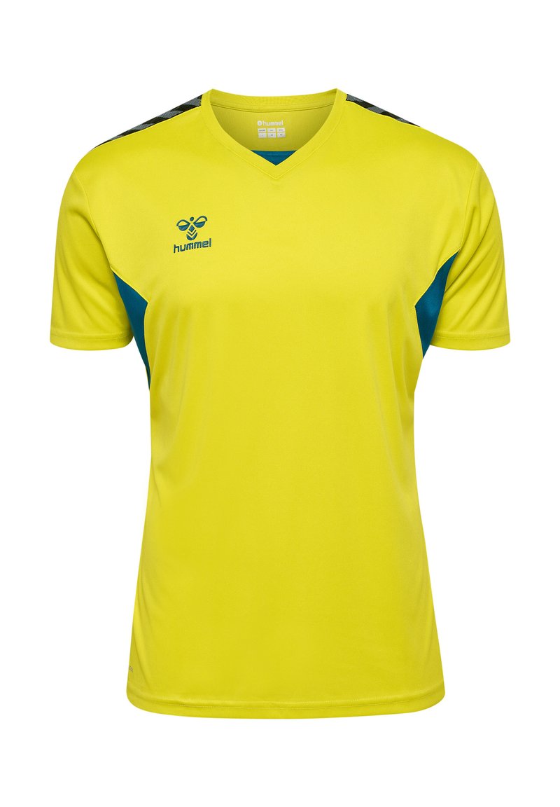 Gul sportströja med mörk teal sidoribbor, korta ärmar, V-hals, svart och grå zigzagrand på axlarna och hummel-logga på bröstet.