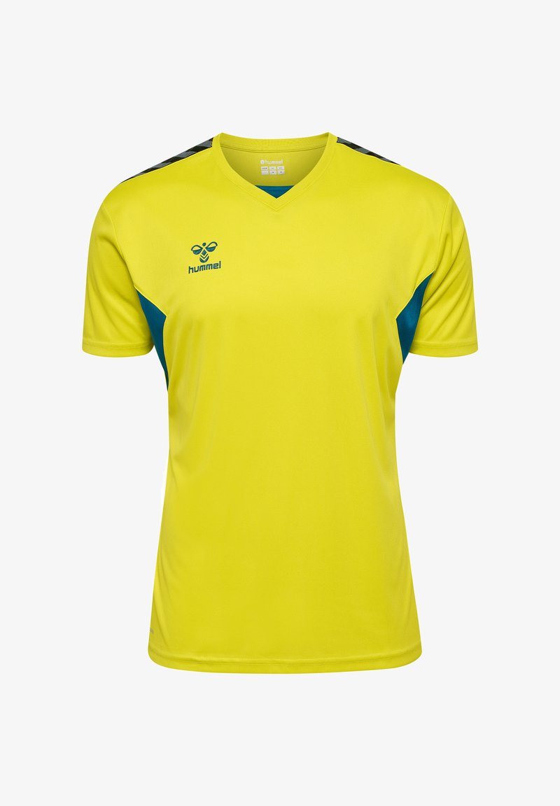 Gul sportströja med mörk teal sidoribbor, korta ärmar, V-hals, svart och grå zigzagrand på axlarna och hummel-logga på bröstet.