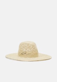 Cappello di paglia a tesa larga con motivo intrecciato, colore beige chiaro, corona arrotondata e tesa piatta e circolare per protezione dal sole.