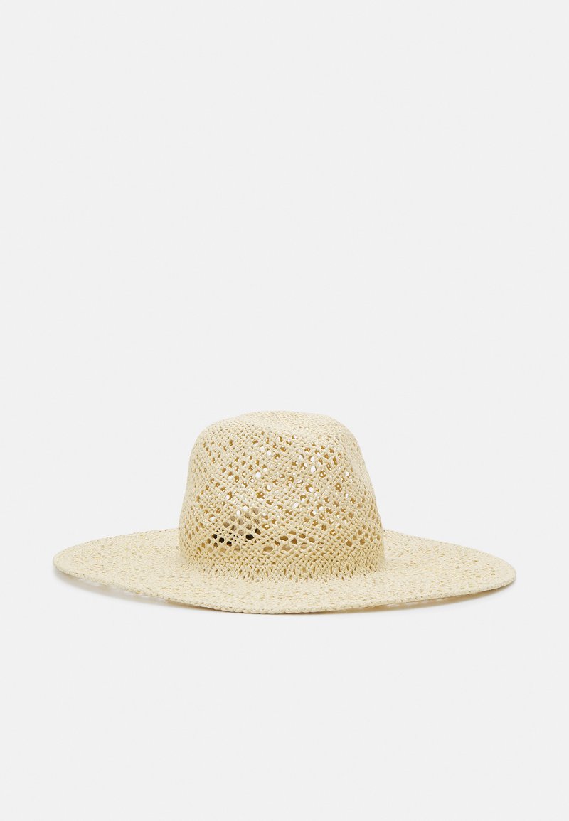 Cappello di paglia a tesa larga con motivo intrecciato, colore beige chiaro, corona arrotondata e tesa piatta e circolare per protezione dal sole.