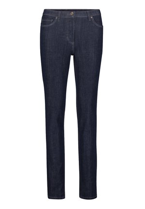 Granatowe dżinsy o slim fit, z zapięciem na guzik, pięcioma kieszeniami i kontrastowym przeszyciem wzdłuż szwów.