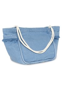 Helehall sinine teksakotike kulunud äärtega ja valgete nöörist sangadega, kujutatud valgel taustal.