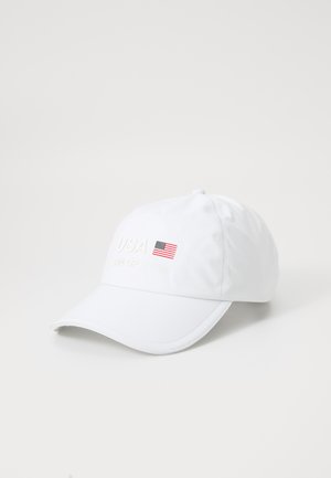 White cap featuring embroidered "USA" text and a small American flag on the front, with a curved visor and textured fabric.