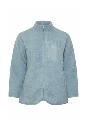 Light blue fleece jacket with a zip front, high collar, and a textured finish. Includes a contrasting smooth fabric chest pocket.