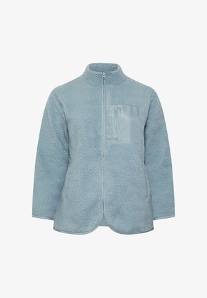 Light blue fleece jacket with a zip front, high collar, and a textured finish. Includes a contrasting smooth fabric chest pocket.