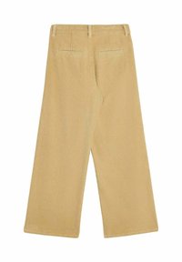 Pantalons larges en velours côtelé marron clair avec des côtes verticales. Comprend deux poches arrière et une taille ajustée avec passants de ceinture.