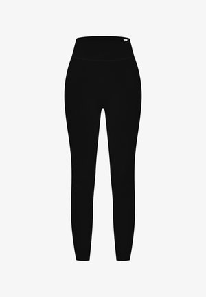 Leggings noirs à taille haute en tissu extensible, texture lisse et coupe ajustée. Pas de motifs visibles ni de détails métalliques.