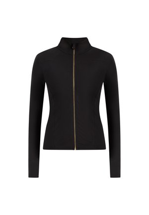 Czarna kurtka zapinana na zamek z wysokim kołnierzem, wykonana z gładkiego materiału. Posiada długie rękawy oraz złote wykończenie zamka wzdłuż środka.