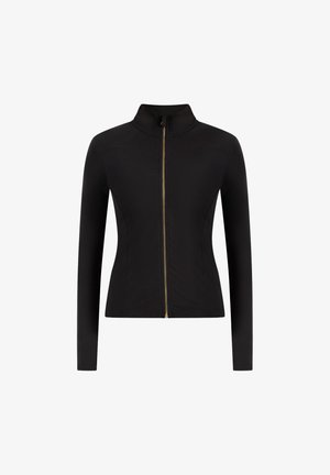 Czarna kurtka zapinana na zamek z wysokim kołnierzem, wykonana z gładkiego materiału. Posiada długie rękawy oraz złote wykończenie zamka wzdłuż środka.