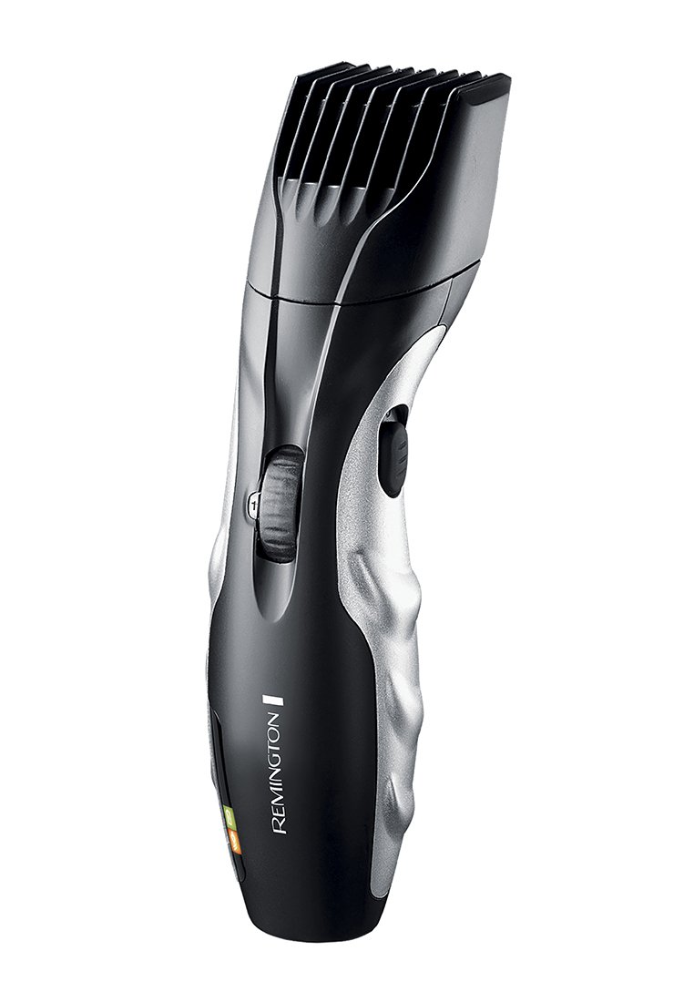 Cortadora de pelo Remington con un cuerpo de plástico negro y plata, agarre texturizado, ajustes de longitud ajustables y botones de control visibles.