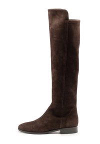 Stivali sopra il ginocchio in camoscio marrone con suola piatta, caratterizzati da una texture liscia e punta arrotondata. Dettagli di cuciture minime.