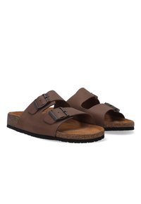 Brown leather sandals with two adjustable straps, silver buckles, a cork footbed, and rubber outsole for grip and support.
