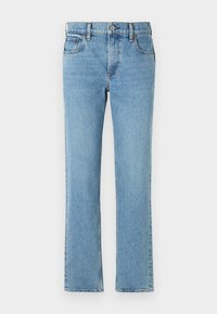 Jean en denim bleu clair à coupe droite, cinq poches, bouton et fermeture éclair, avec un léger délavage. Design classique et simple.