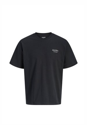 Schwarzes Kurzarm-T-Shirt aus Baumwolle mit kleinem weißem "Jack & Jones"-Logo auf der linken Brust und Rundhalsausschnitt.