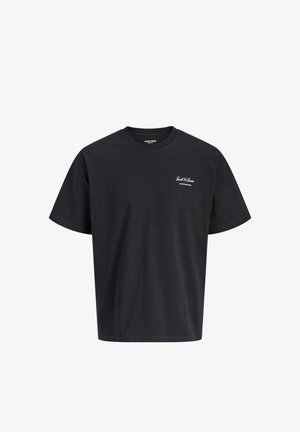 Schwarzes Kurzarm-T-Shirt aus Baumwolle mit kleinem weißem "Jack & Jones"-Logo auf der linken Brust und Rundhalsausschnitt.
