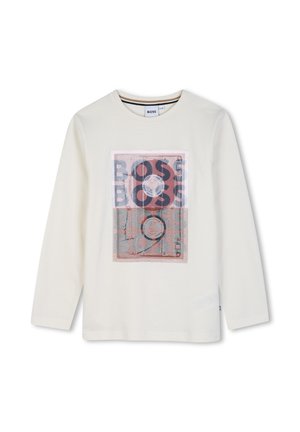 Chemise blanche à manches longues avec col rond et impression graphique de haut-parleurs superposés et texte répété ""BOSS"" en nuances bleues et roses sur le devant.