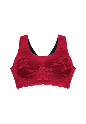 Roter Spitzen-BH mit Blumenmuster, gewellten Rändern, breiten Trägern und einem kleinen Schleifendetail in der Mitte, mit einer glatten schwarzen Unterlage.