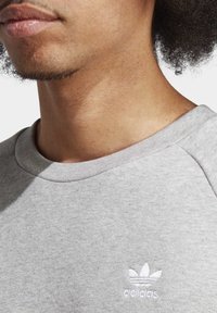 Närbild av en persons nederdel av ansiktet och halsen som bär en ljusgrå Adidas-sweatshirt med en vit trefoil-logga på bröstet.