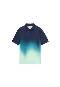 Korte mouwen polo-shirt met een verloop van marineblauw naar teal, gemaakt van soepele stof. Kenmerkt zich door een klein geel vogel logo op de borst.