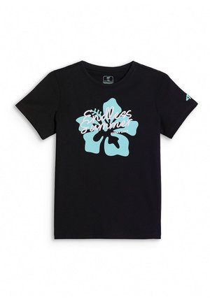 Czarny t-shirt z krótkim rękawem z dużą jasnoniebieską grafiką kwiatu i białym napisem „Endless Summer” oraz „Sunny Days” z przodu.