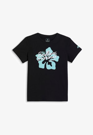 Czarny t-shirt z krótkim rękawem z dużą jasnoniebieską grafiką kwiatu i białym napisem „Endless Summer” oraz „Sunny Days” z przodu.