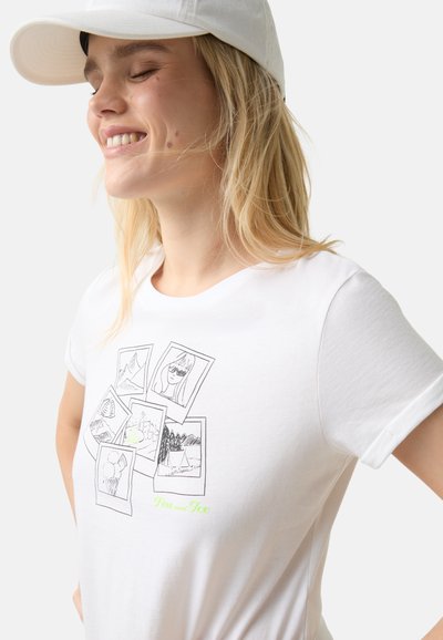 White short-sleeve t-shirt featuring black line drawings of photos, with “Pine and Ice” in neon green text at the bottom. Soft cotton material.