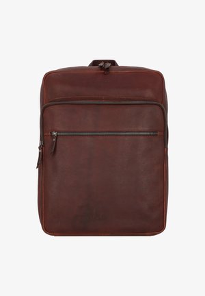 Zaino in pelle marrone con una finitura testurizzata, una tasca frontale con zip e un manico superiore rinforzato; forma rettangolare con cuciture minime.