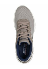 Gray mesh sneaker with beige accents, round toe, and white sole. Features a padded collar, laces, and "Memory Foam" branding inside.
