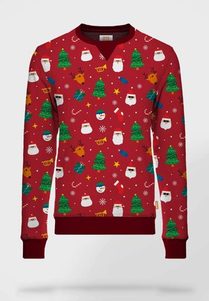 Rode sweatshirt met een feestelijk ontwerp met kerstbomen, Kerstman, Rendieren en cadeaus in verschillende kleuren. Gemaakt van zachte stof.