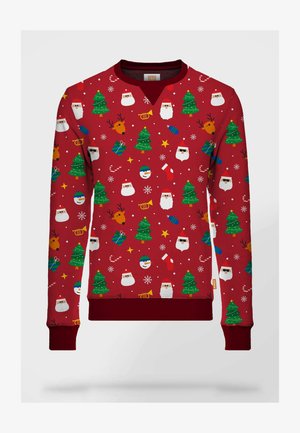 Rode sweatshirt met een feestelijk ontwerp met kerstbomen, Kerstman, Rendieren en cadeaus in verschillende kleuren. Gemaakt van zachte stof.